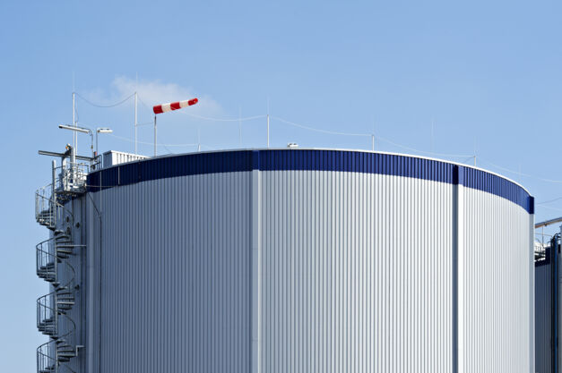 Biogas-Fermenter im Werk von VERBIO in Zörbig, Sachsen-Anhalt. Nebenprodukte der Bioethanolherstellung sind dort Biogas und Biodünger. 
Quelle: BDBe